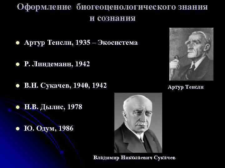 Оформление биогеоценологического знания и сознания l Артур Тенсли, 1935 – Экосистема l Р. Линдеманн,