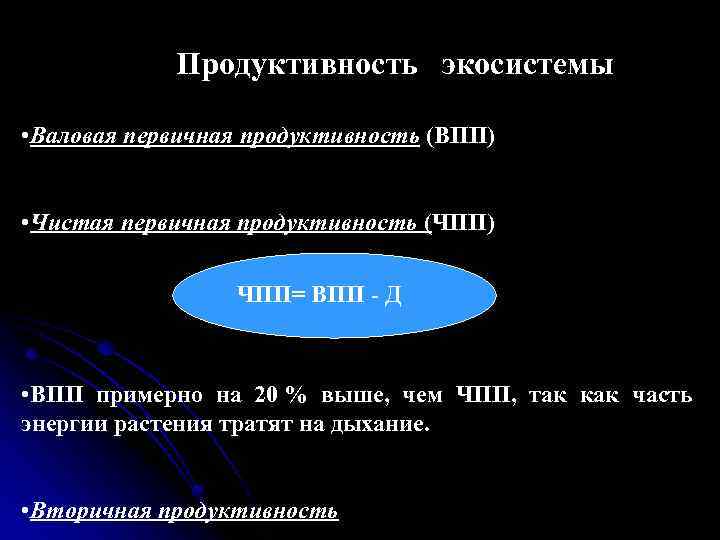 Продуктивность экосистемы • Валовая первичная продуктивность (ВПП) • Чистая первичная продуктивность (ЧПП) ЧПП= ВПП