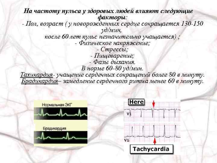 На частоту пульса у здоровых людей влияют следующие факторы: - Пол, возраст ( у