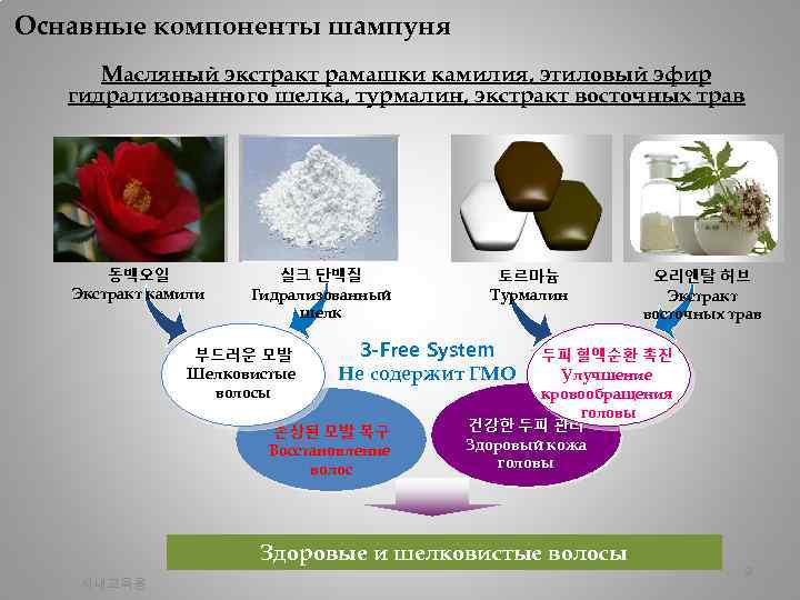 Оснавные компоненты шампуня Масляный экстракт рамашки камилия, этиловый эфир гидрализованного шелка, турмалин, экстракт восточных