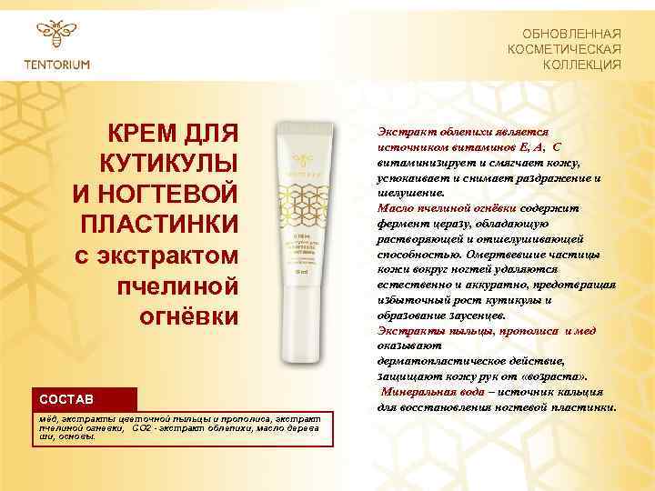 ОБНОВЛЕННАЯ КОСМЕТИЧЕСКАЯ КОЛЛЕКЦИЯ КРЕМ ДЛЯ КУТИКУЛЫ И НОГТЕВОЙ ПЛАСТИНКИ с экстрактом пчелиной огнёвки СОСТАВ