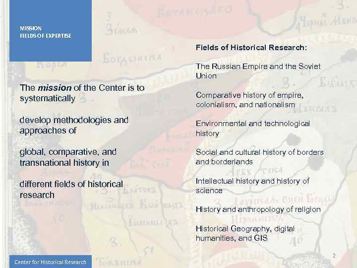 MISSION FIELDS OF EXPERTISE Fields of Historical Research: The Russian Empire and the Soviet