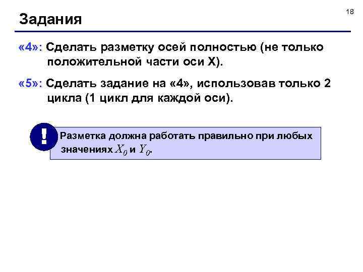 Задания « 4» : Сделать разметку осей полностью (не только положительной части оси X).