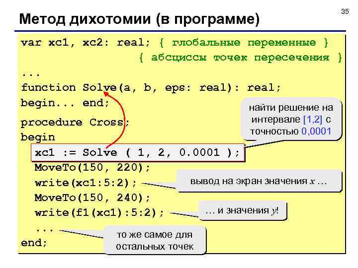 Метод дихотомии (в программе) 35 var xc 1, xc 2: real; { глобальные переменные