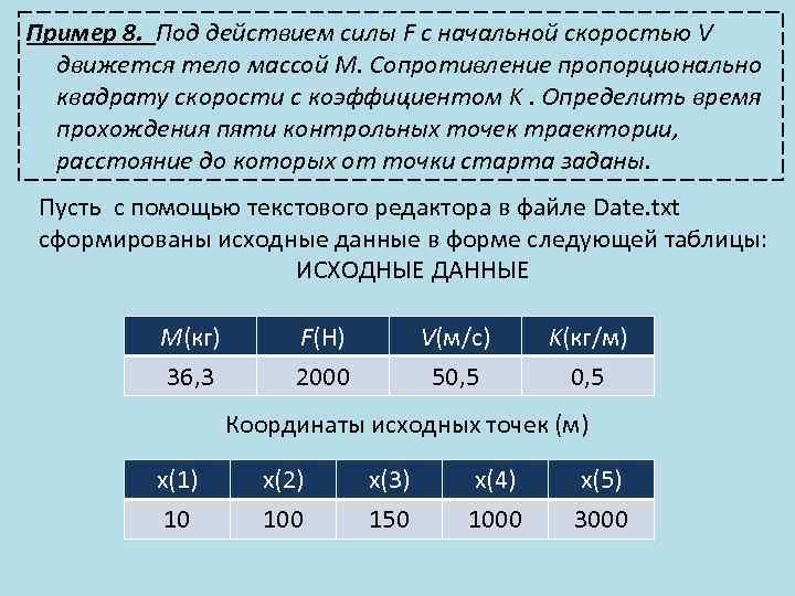 Пример 8. Под действием силы F с начальной скоростью V движется тело массой M.