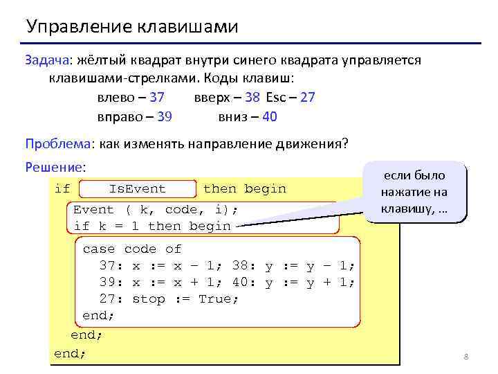 Управление клавишами Задача: жёлтый квадрат внутри синего квадрата управляется клавишами-стрелками. Коды клавиш: влево –