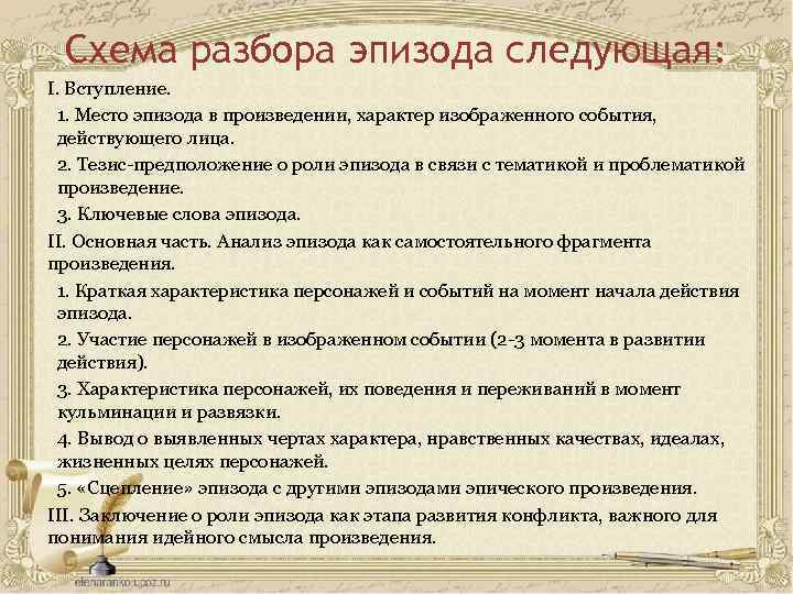 Схема разбора эпизода следующая: I. Вступление. 1. Место эпизода в произведении, характер изображенного события,