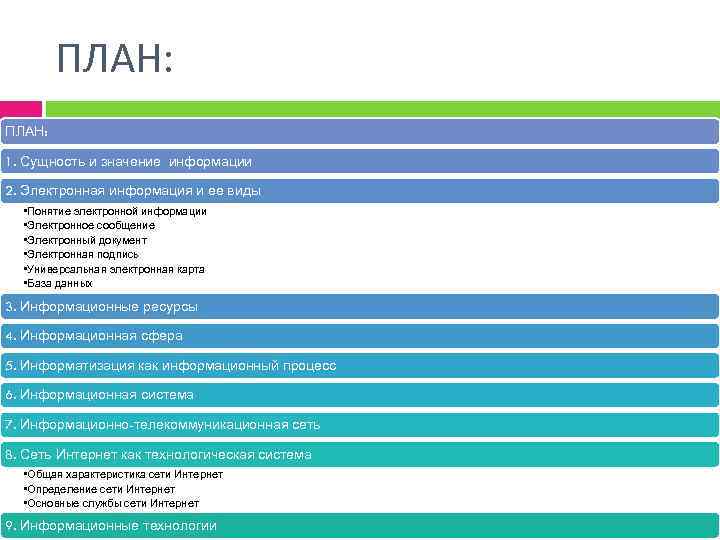 ПЛАН: 1. Сущность и значение информации 2. Электронная информация и ее виды • Понятие