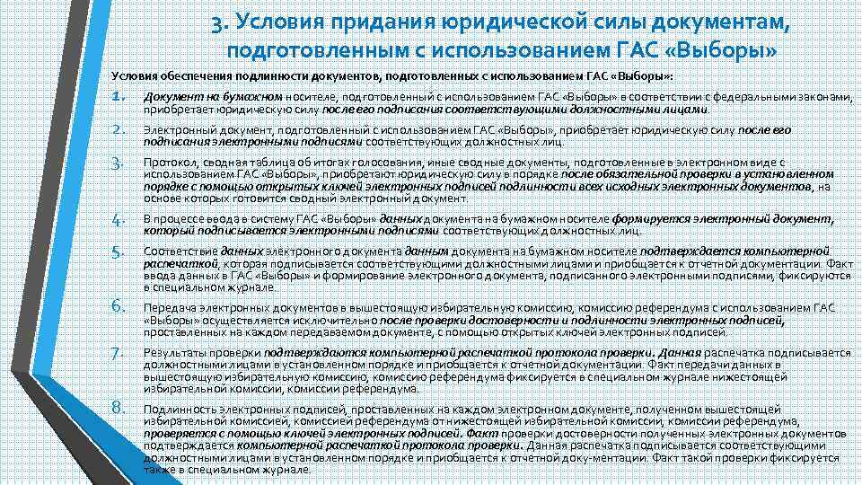 3. Условия придания юридической силы документам, подготовленным с использованием ГАС «Выборы» Условия обеспечения подлинности