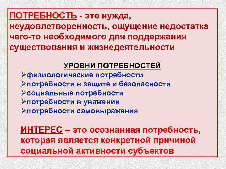 ПОТРЕБНОСТЬ это нужда, неудовлетворенность, ощущение недостатка чего то необходимого для поддержания существования и жизнедеятельности