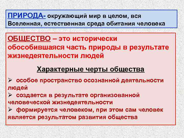 ПРИРОДА окружающий мир в целом, вся Вселенная, естественная среда обитания человека ОБЩЕСТВО – это