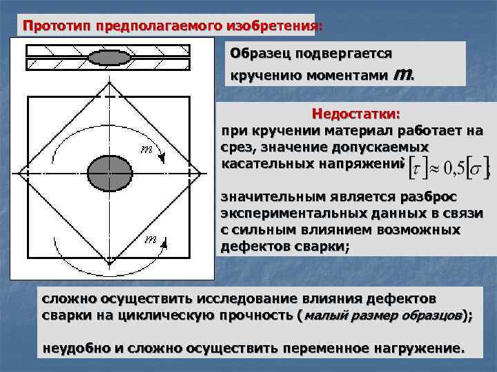 Прототип предполагаемого изобретения: Образец подвергается кручению моментами m. Недостатки: при кручении материал работает на