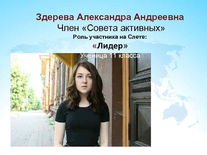 Здерева Александра Андреевна Член «Совета активных» Роль участника на Слете: «Лидер» Ученица 11 класса