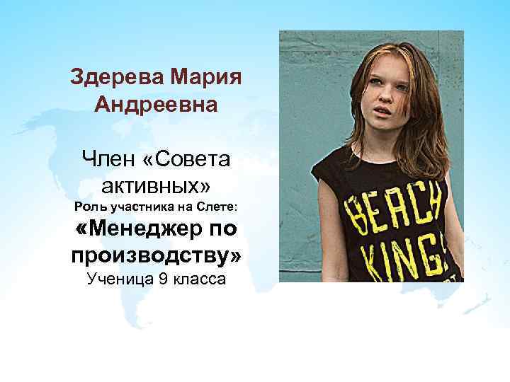 Здерева Мария Андреевна Член «Совета активных» Роль участника на Слете: «Менеджер по производству» Ученица