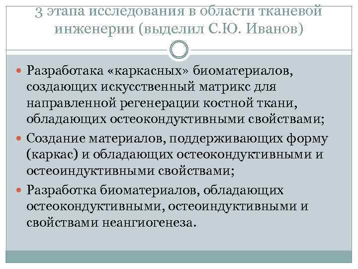 3 этапа исследования в области тканевой инженерии (выделил С. Ю. Иванов) Разработака «каркасных» биоматериалов,