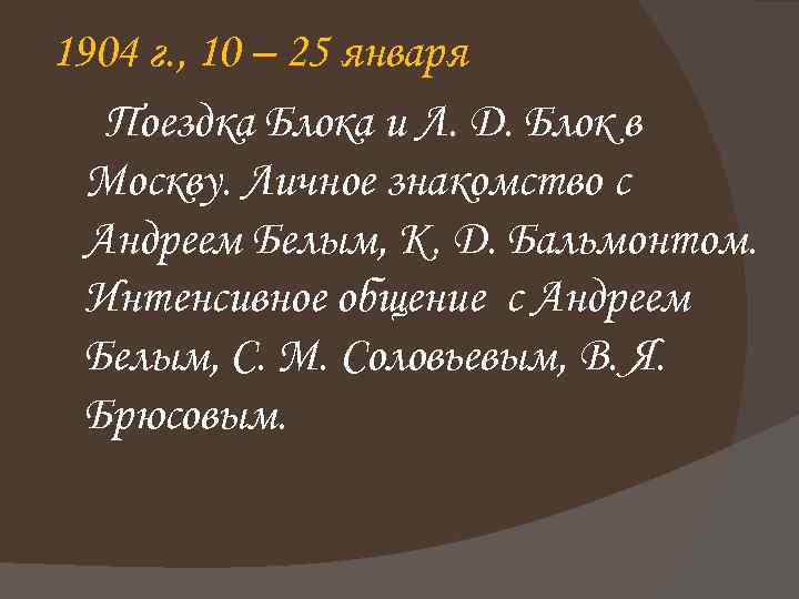 1904 г. , 10 – 25 января Поездка Блока и Л. Д. Блок в