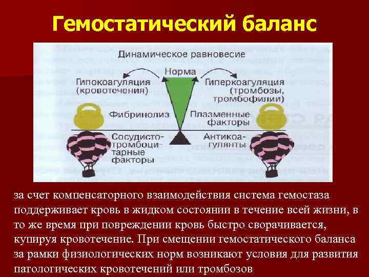 Гемостатический баланс за счет компенсаторного взаимодействия система гемостаза поддерживает кровь в жидком состоянии в