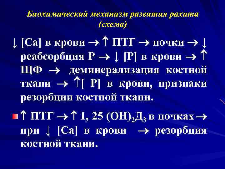 Биохимический механизм развития рахита (схема) ↓ [Са] в крови ПТГ почки ↓ реабсорбция Р