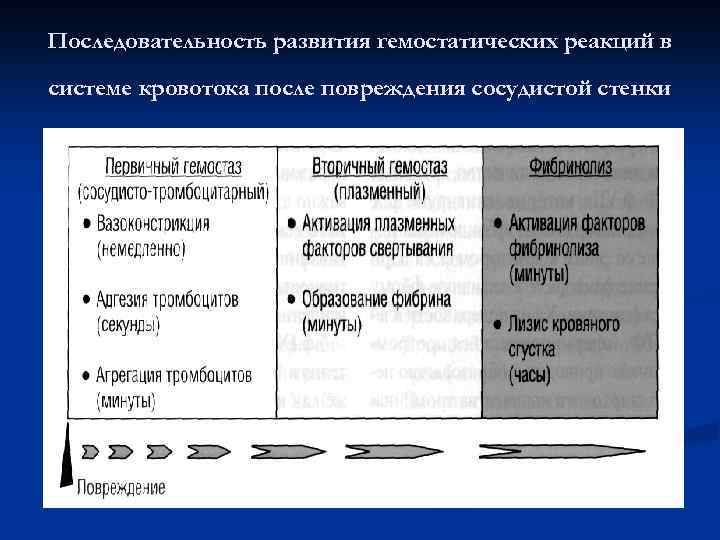 Последовательность развития гемостатических реакций в системе кровотока после повреждения сосудистой стенки 