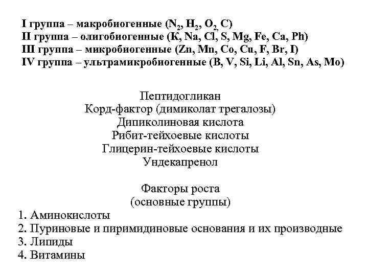 I группа – макробиогенные (N 2, H 2, O 2, C) II группа –