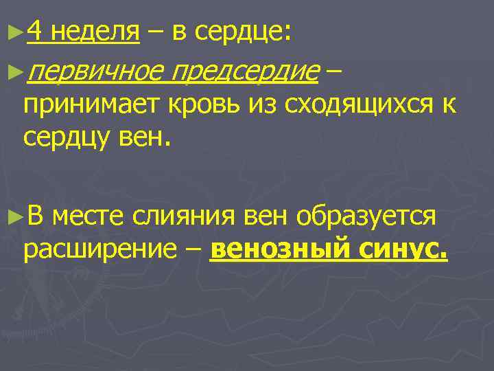 ► 4 неделя – в сердце: ►первичное предсердие – принимает кровь из сходящихся к