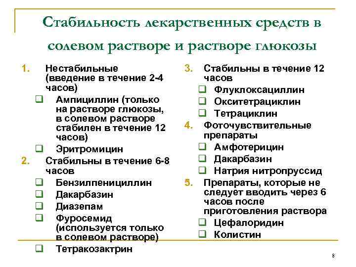 Стабильность лекарственных средств в солевом растворе и растворе глюкозы 1. Нестабильные (введение в течение