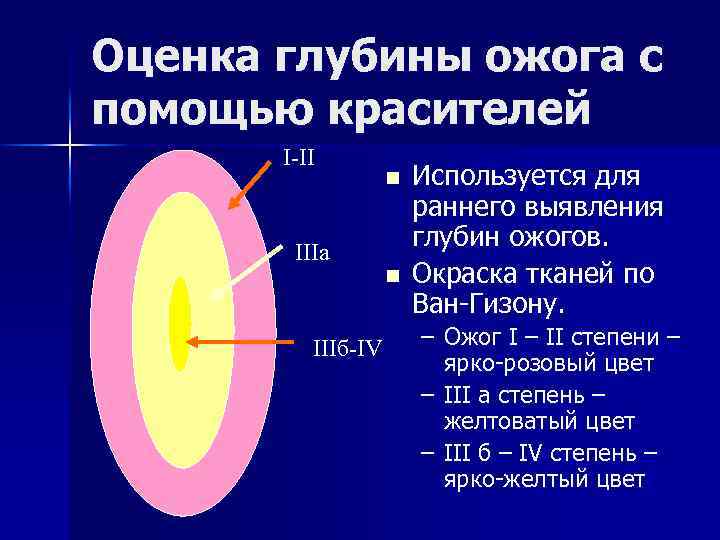 Оценка глубины ожога с помощью красителей I-II IIIa IIIб-IV n n Используется для раннего