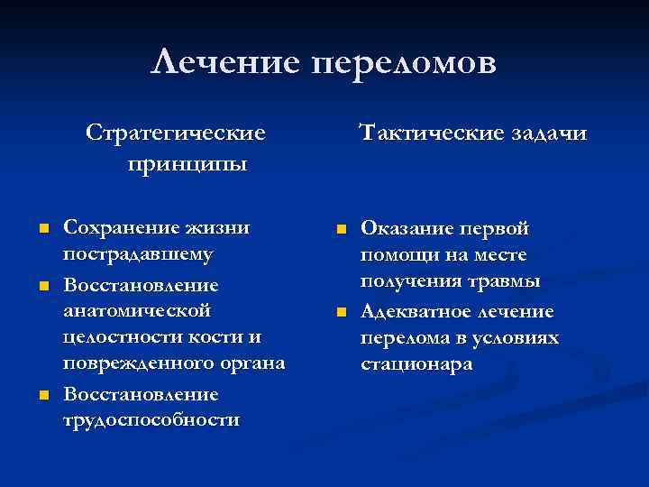 Лечение переломов Стратегические принципы n n n Сохранение жизни пострадавшему Восстановление анатомической целостности кости