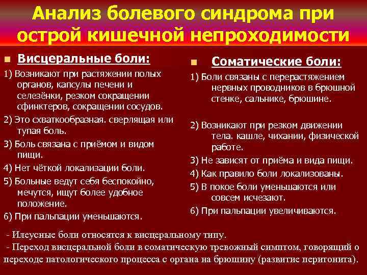 Анализ болевого синдрома при острой кишечной непроходимости n Висцеральные боли: 1) Возникают при растяжении