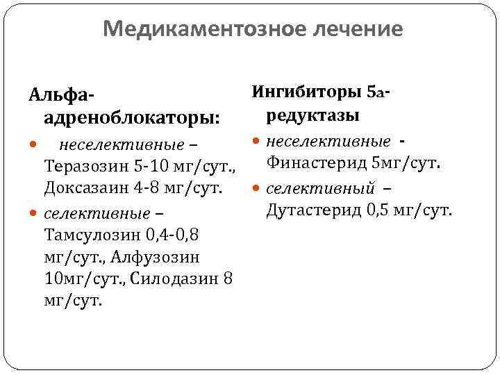 Медикаментозное лечение Ингибиторы 5 aредуктазы неселективные – Финастерид 5 мг/сут. Теразозин 5 -10 мг/сут.