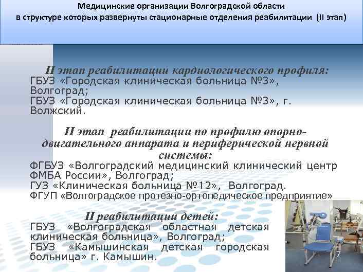 Медицинские организации Волгоградской области в структуре которых развернуты стационарные отделения реабилитации (II этап) II