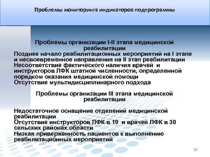 Проблемы мониторинга индикаторов подпрограммы Проблемы организации I-II этапа медицинской реабилитации Позднее начало реабилитационных мероприятий
