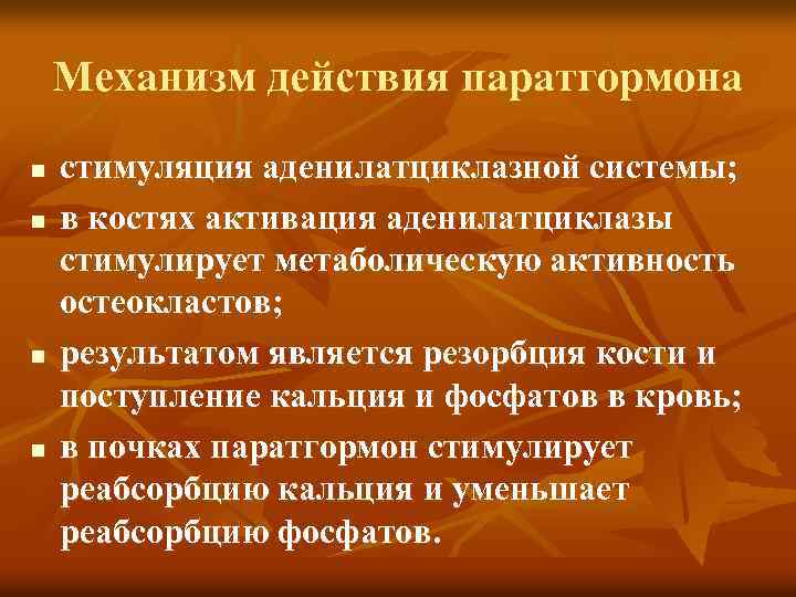 Механизм действия паратгормона n n стимуляция аденилатциклазной системы; в костях активация аденилатциклазы стимулирует метаболическую