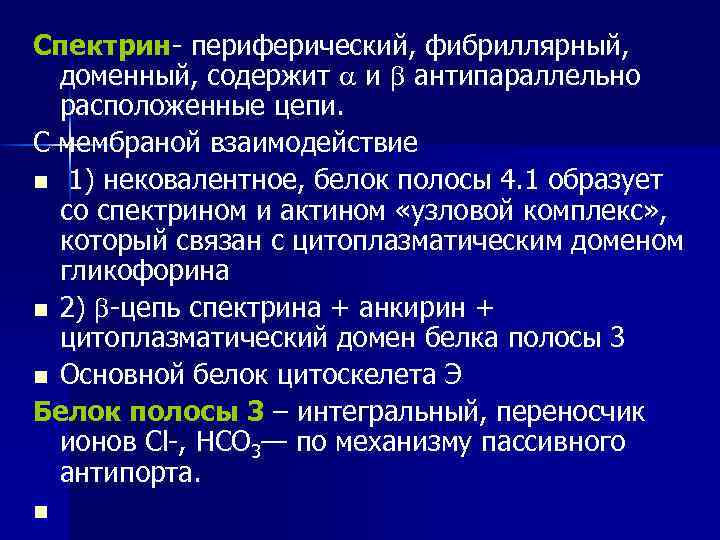 Спектрин- периферический, фибриллярный, доменный, содержит и антипараллельно расположенные цепи. С мембраной взаимодействие n 1)