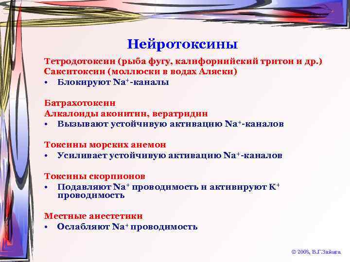 Нейротоксины Тетродотоксин (рыба фугу, калифорнийский тритон и др. ) Сакситоксин (моллюски в водах Аляски)
