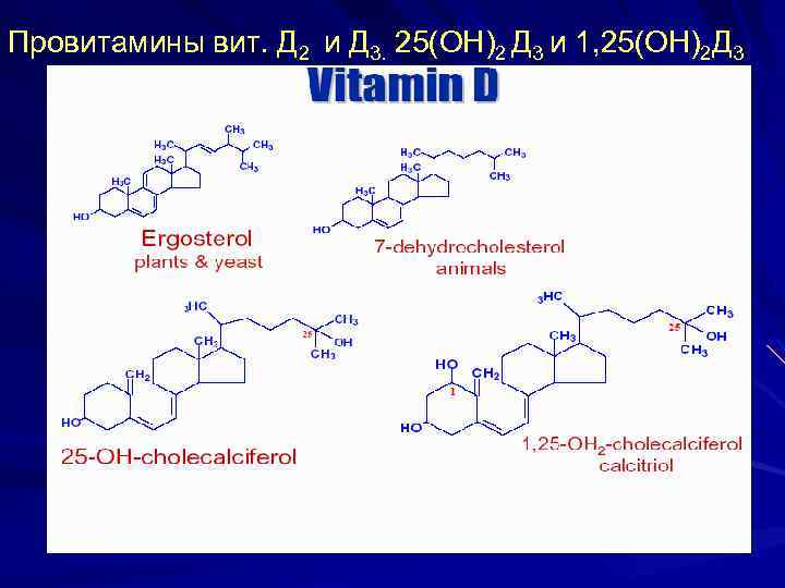 Провитамины вит. Д 2 и Д 3. 25(ОН)2 Д 3 и 1, 25(ОН)2 Д