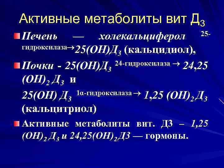 Активные метаболиты вит Д 3 Печень — холекальциферол 25 гидроксилаза 25(ОН)Д (кальцидиол), 3 Почки