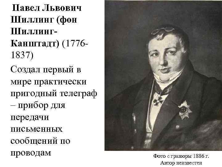  Павел Львович Шиллинг (фон Шиллинг. Канштадт) (17761837) Создал первый в мире практически пригодный