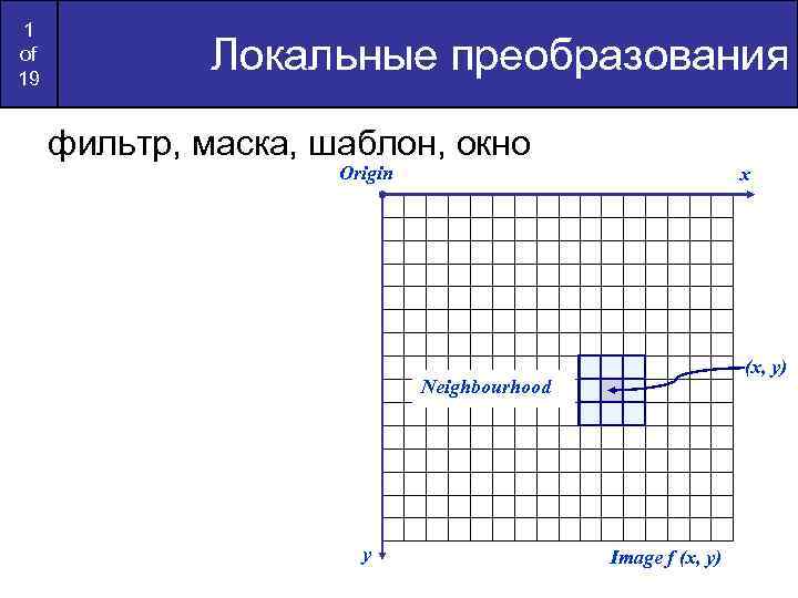 1 of 19 Локальные преобразования фильтр, маска, шаблон, окно Origin x (x, y) Neighbourhood