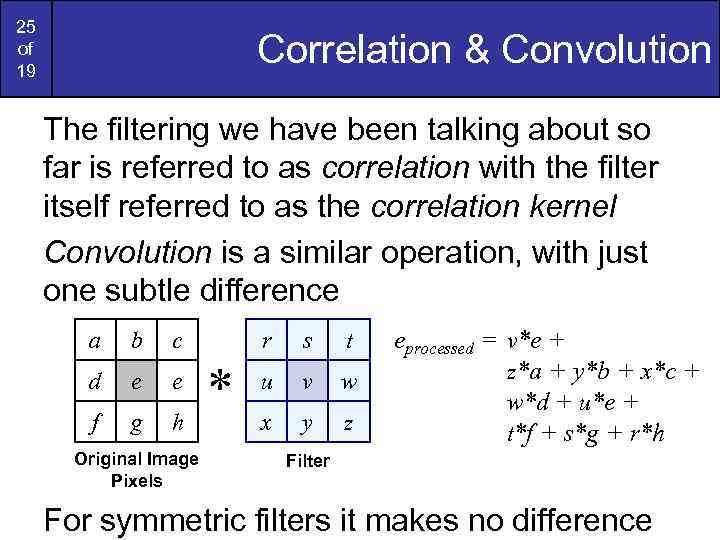 25 of 19 Correlation & Convolution The filtering we have been talking about so