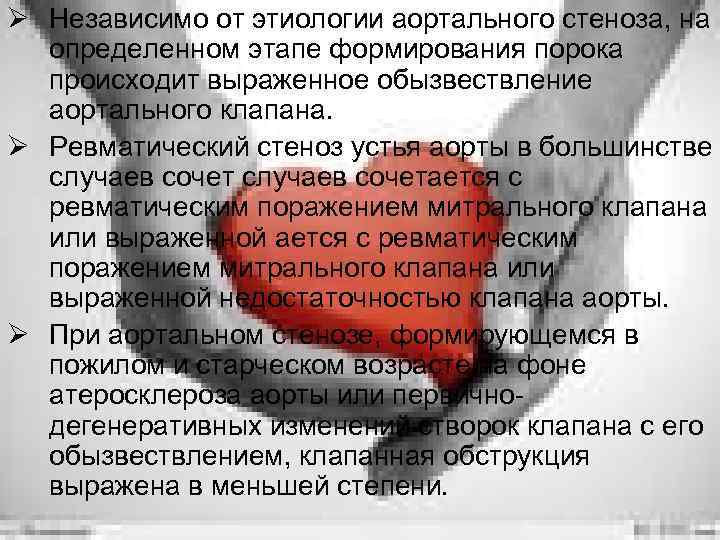 Ø Независимо от этиологии аортального стеноза, на определенном этапе формирования порока происходит выраженное обызвествление