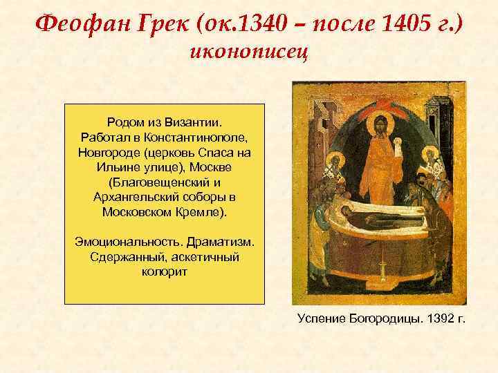 Феофан Грек (ок. 1340 – после 1405 г. ) иконописец Родом из Византии. Работал