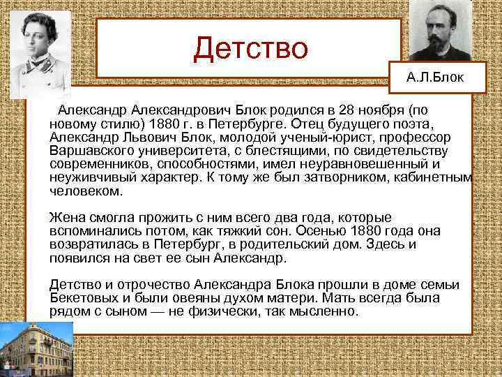 Детство А. Л. Блок Александрович Блок родился в 28 ноября (по новому стилю) 1880