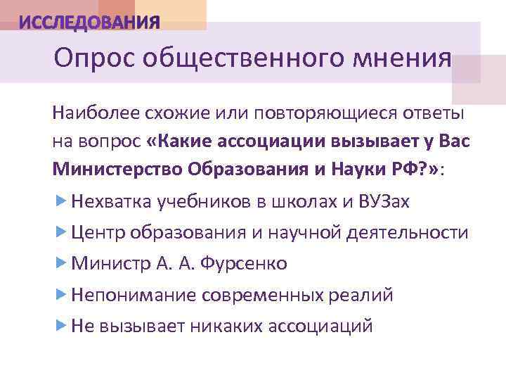 Опрос общественного мнения Наиболее схожие или повторяющиеся ответы на вопрос «Какие ассоциации вызывает у