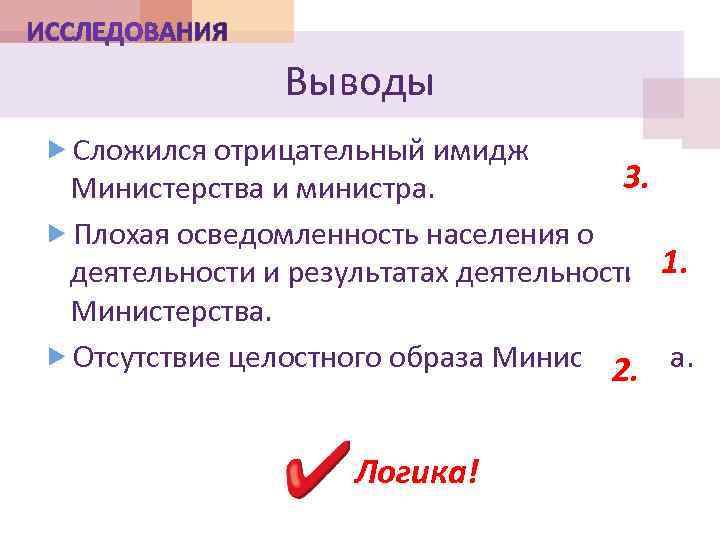 Выводы Сложился отрицательный имидж 3. Министерства и министра. Плохая осведомленность населения о деятельности и