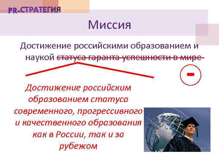 Миссия Достижение российскими образованием и наукой статуса гаранта успешности в мире Достижение российским образованием