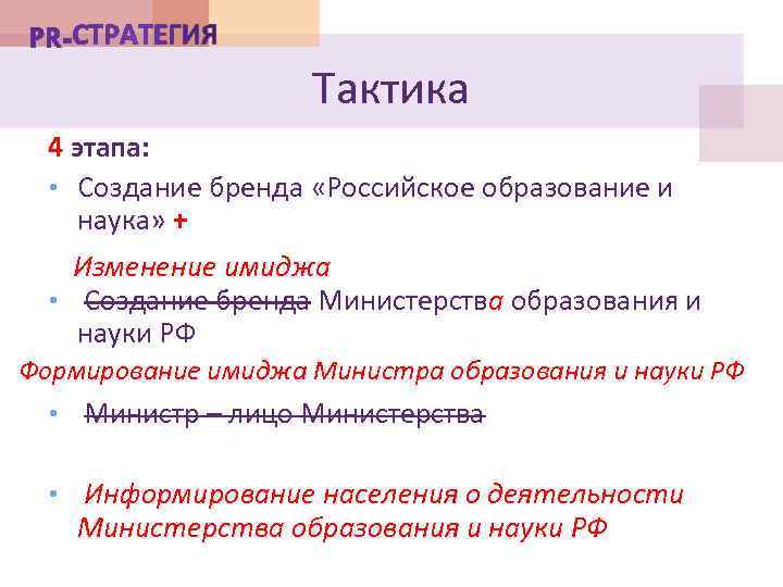 Тактика 4 этапа: • Создание бренда «Российское образование и наука» + Изменение имиджа •