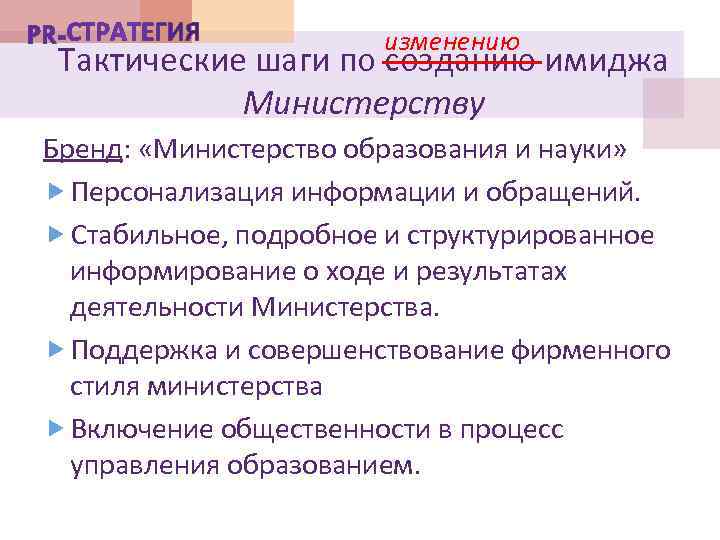 изменению Тактические шаги по созданию имиджа Министерству Бренд: «Министерство образования и науки» Персонализация информации