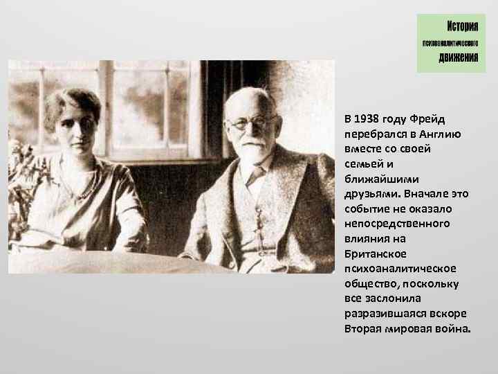 В 1938 году Фрейд перебрался в Англию вместе со своей семьей и ближайшими друзьями.
