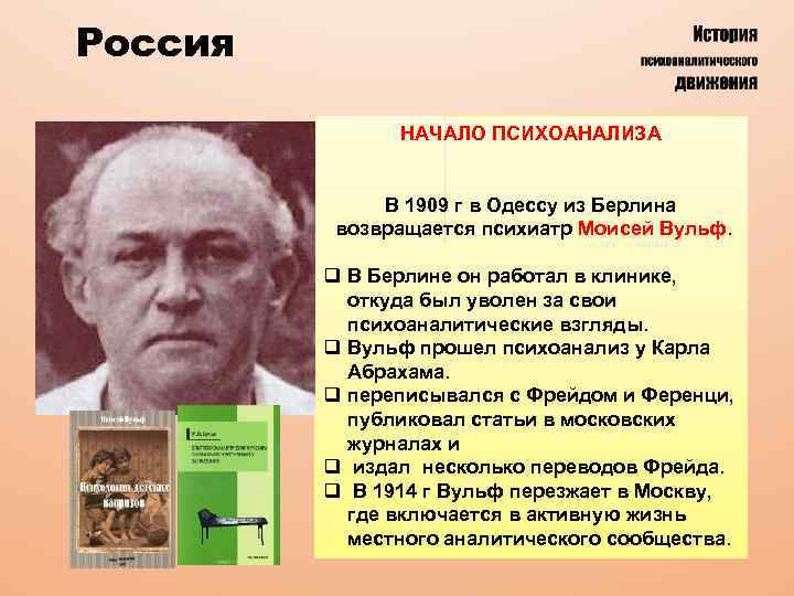 Россия НАЧАЛО ПСИХОАНАЛИЗА В 1909 г в Одессу из Берлина возвращается психиатр Моисей Вульф.